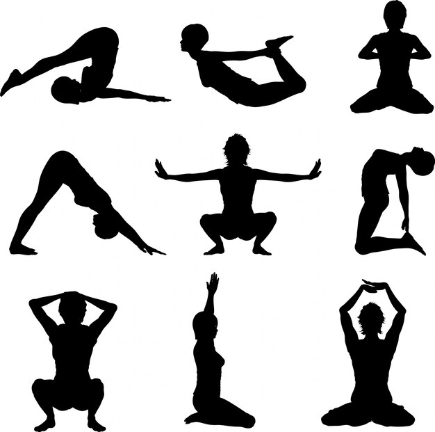 Silhouettes of women in various yoga poses