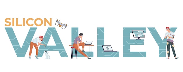 Free vector silicon valley composition with flat text surrounded by human characters laptops flying drone on blank background vector illustration