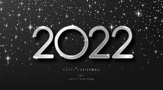 Argento 2022 natale e felice anno nuovo. illustrazione vettoriale di vacanza con numeri metallici argento 2022 e sfondo scintillante nero glitter festivo