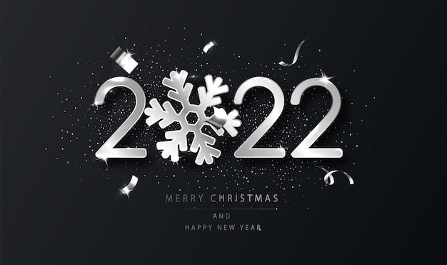 Silver 2022 happy new year background with snowflake. black new year background with wishes. template for holyday design card, banner.