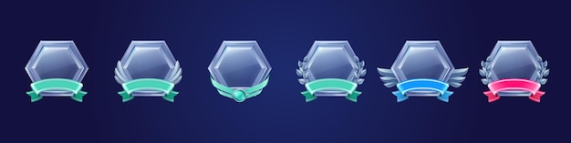 Silver award badges hexagon labels for win in game Vector cartoon icons of steel buttons with ribbons and leaves Symbols of winners trophy or prize for victory isolated on background