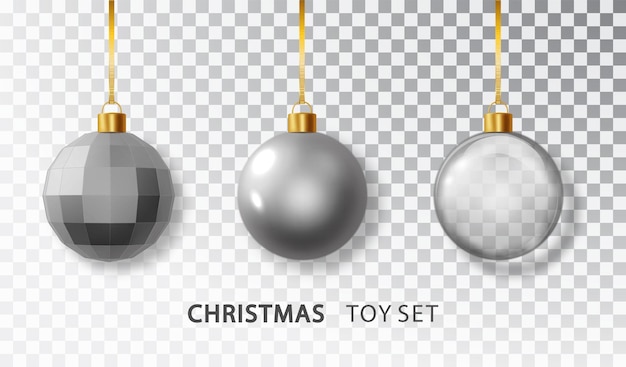 Free vector silver christmas tree balls set with isolated on transparent background realistic hanging silver christmas balls xmas holiday celebration decor