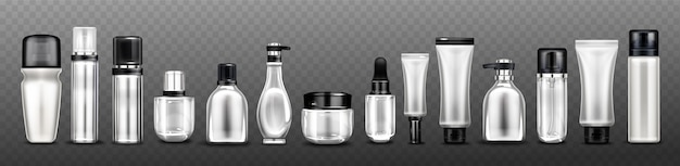 Free vector silver cosmetic bottles, jars and tubes for cream, spray, lotion and beauty products.