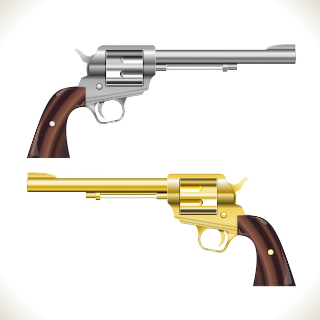 Silver and gold revolver guns isolated