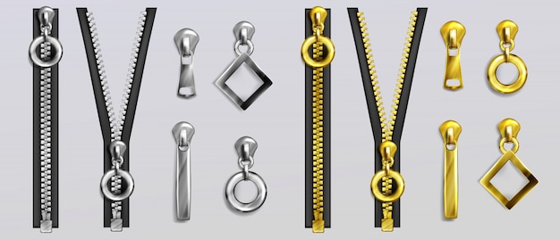 Silver and gold zippers with different shapes pullers isolated on gray background. realistic set of open and closed metal zip fasteners and sliders for clothes and accessories