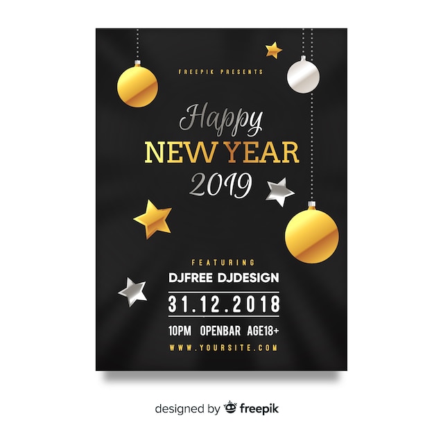 Silver and golden ornaments new year party poster