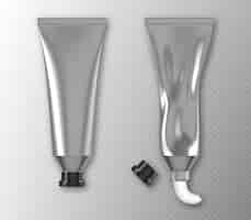 Бесплатное векторное изображение Пакет серебряных тюбиков с кремовой зубной пастой для рук или белой краской, изолированных на прозрачной стене, реалистичный макет d пустого алюминиевого контейнера с черной крышкой