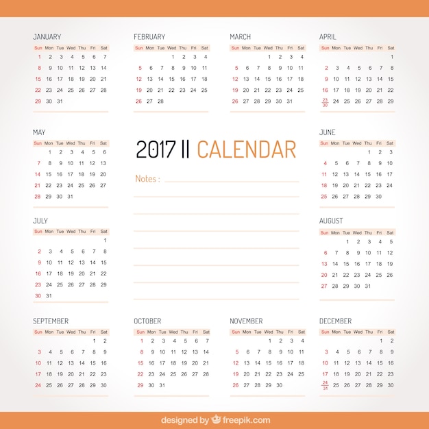 オレンジ色の詳細とシンプルな2017年カレンダー