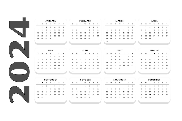 Vettore gratuito semplice modello di calendario inglese del nuovo anno 2024 con il vettore di mesi e date