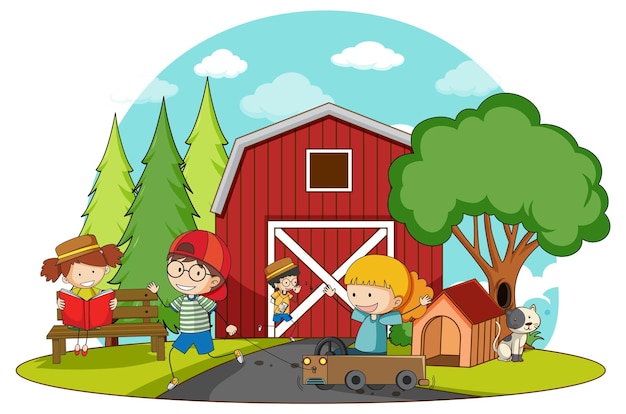 A simple barn with kids in nature background