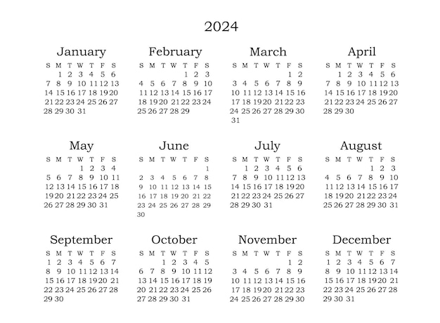 Simple black and white calendar 2024