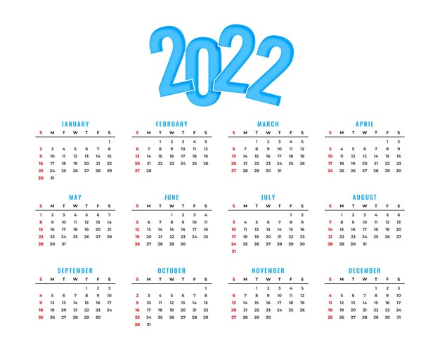 Simple blue 2022 new year calendar design