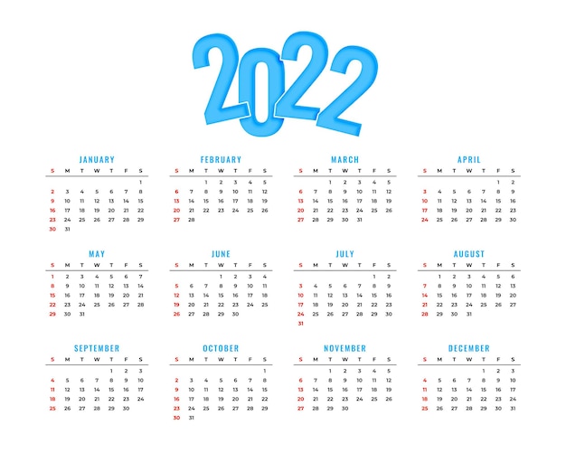 Простой синий дизайн новогоднего календаря на 2022 год