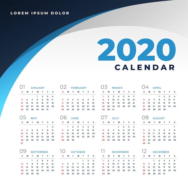 Free vector simple business style 2020 calendar template