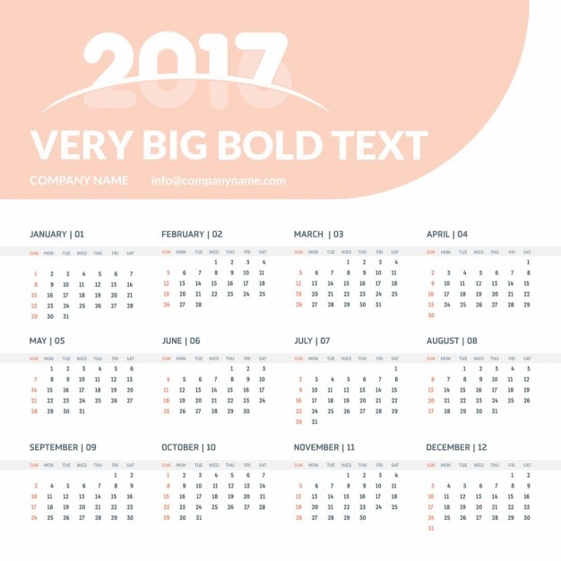 Бесплатное векторное изображение 2017 шаблон календаря оранжевый с местом для заголовка