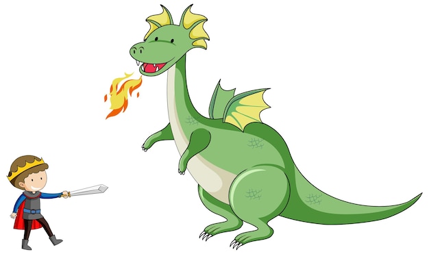 Free vector simple cartoon character of dragon breathing fire and the knight