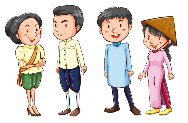 Free vector simple coloured sketches of the asian people