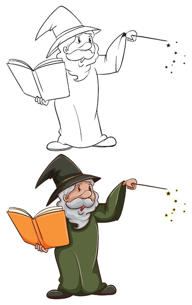 Simple and coloured sketches of a wizard