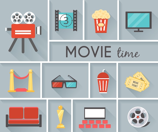 Simple conceptual movie time graphic design with gray background.