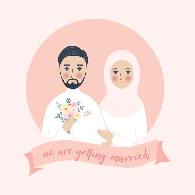 プレミアムベクター かわいいイスラム教徒のカップルのイラスト結婚式の招待状 イスラム教は日付を保存します
