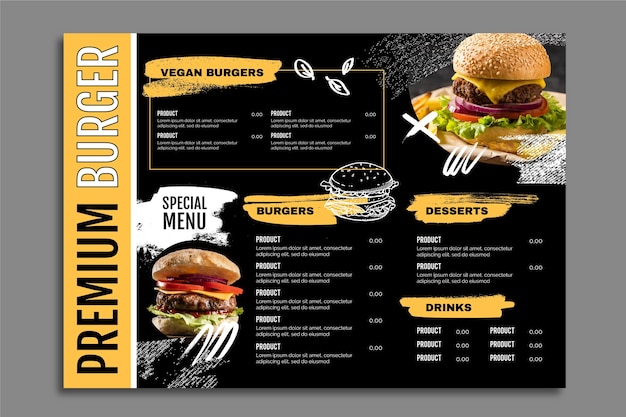 Vettore gratuito modello di menu di cibo hamburger premium scuro semplice