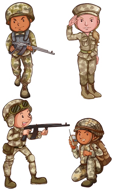 Простой рисунок четырех храбрых солдат на белом фоне