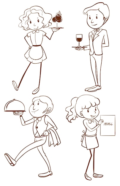 Simple drawings of waiters and waitresses