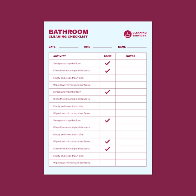 無料ベクター シンプルなダブルトーンの毎日のバスルーム掃除チェックリスト