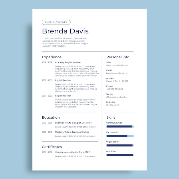 Free vector simple english teacher resume