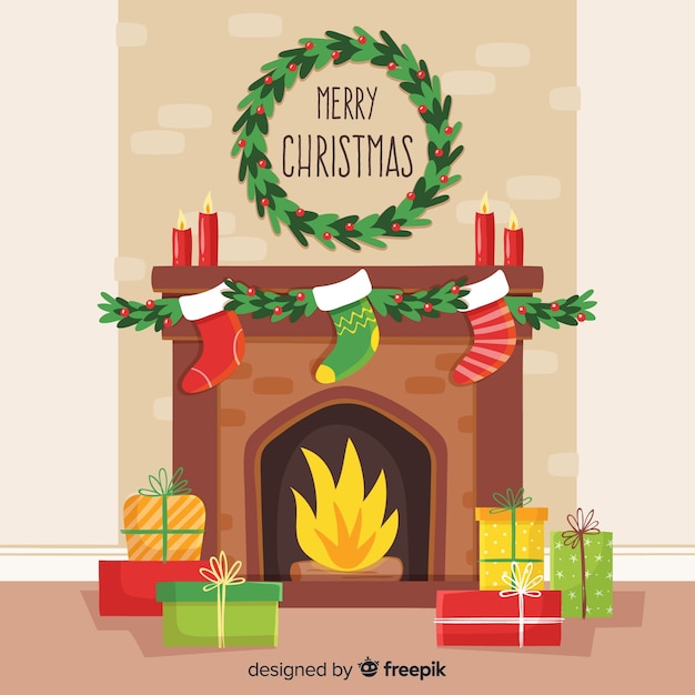 Free vector simple fireplace christmas scene