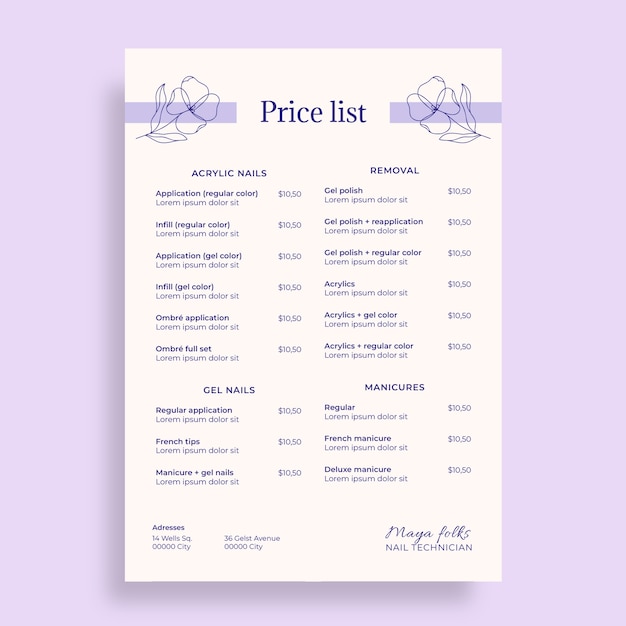 Free vector simple floral expert nail technician price list