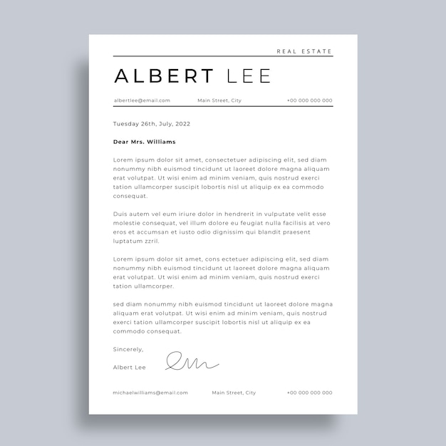 Free vector simple formal realtor letter