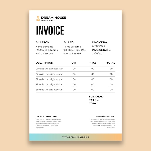 Simple gradient dream house handyman invoice