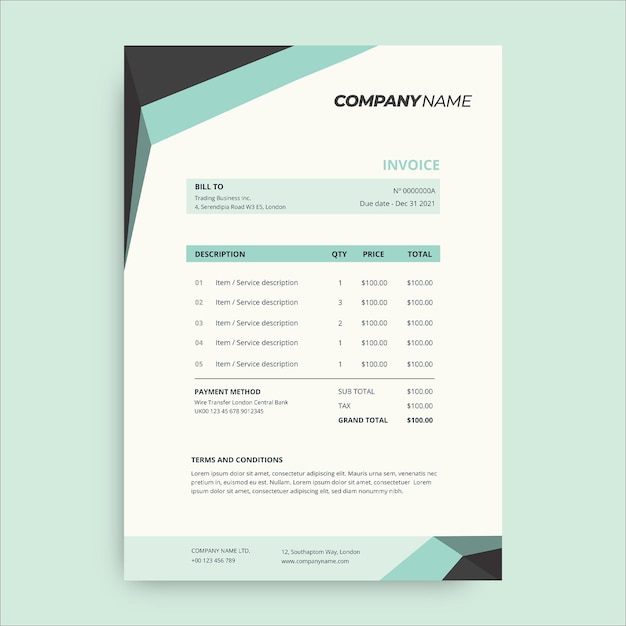 Free vector simple green and dark technology invoice