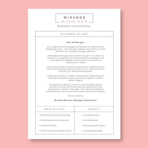 Free vector simple grid miranda manager cover letter