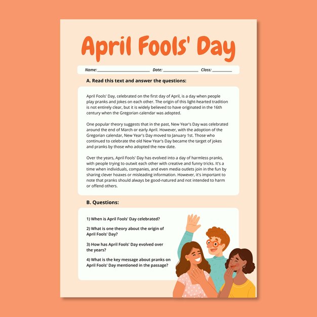 Free vector simple hand drawn reading comprehension april fools' worksheet template