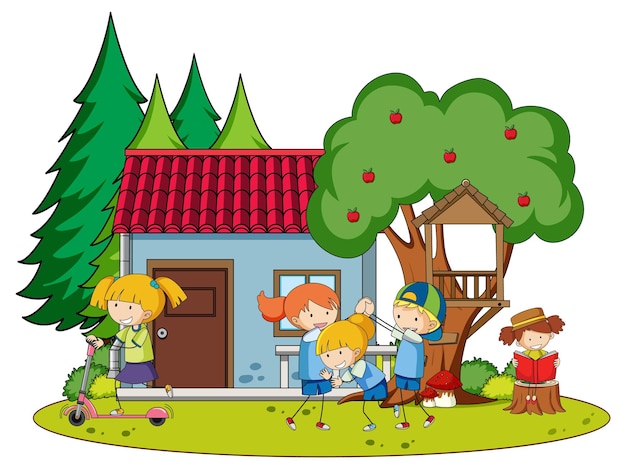 Free vector a simple house with kids in nature background