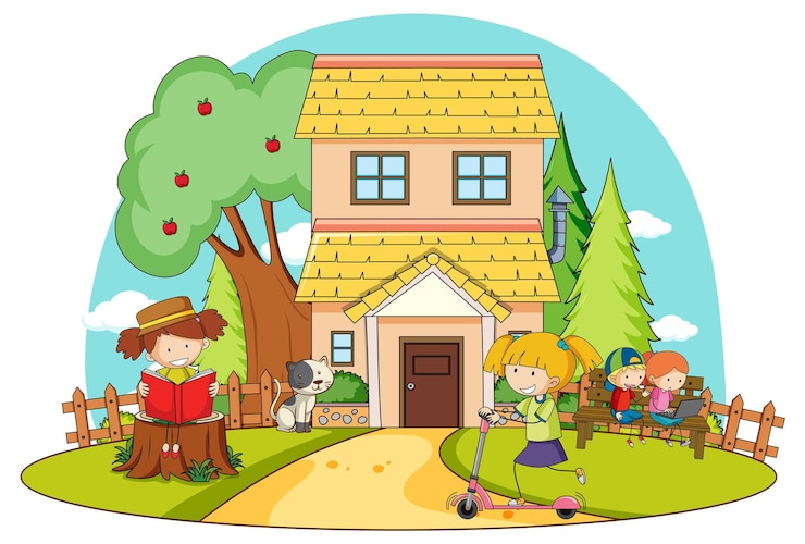 Free Vector a simple house with kids in nature background