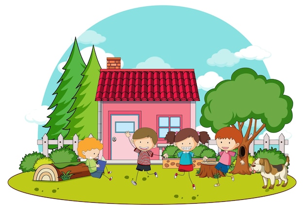 Free vector a simple house with kids in nature background