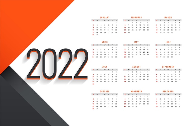 Free vector simple new year 2022 calendar design template