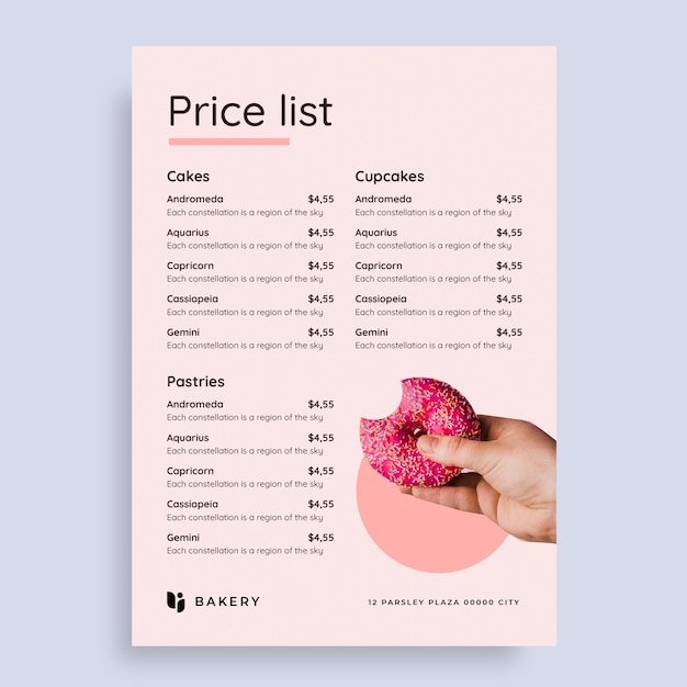 Simple pastel homebake bakery price list