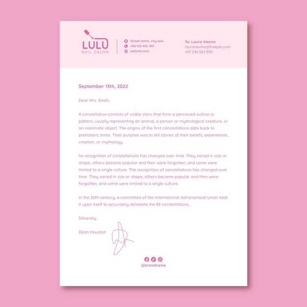 Free vector simple pastel lulu nail salon letterhead