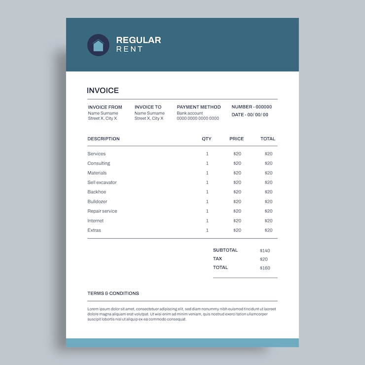 Free Vector simple regular rent invoice template