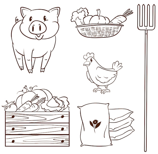 A simple sketch of the farm animals and the harvested vegetables