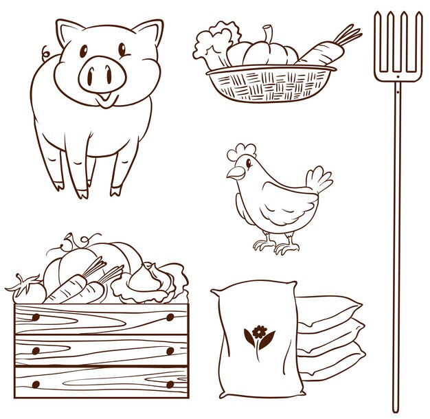 A simple sketch of the farm animals and the harvested vegetables