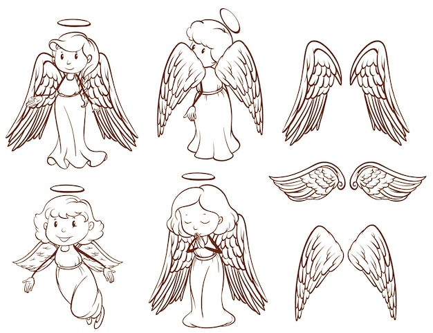 Free vector simple sketches of angels and their wings