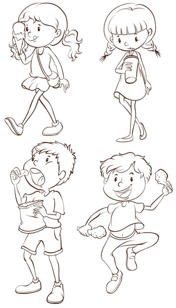간식을 먹는 아이들의 간단한 스케치