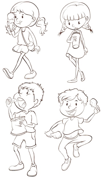 Simple sketches of kids taking their snacks