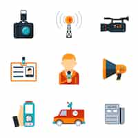 Free vector simple various journalism flat icons graphic designs  isolated on white background.