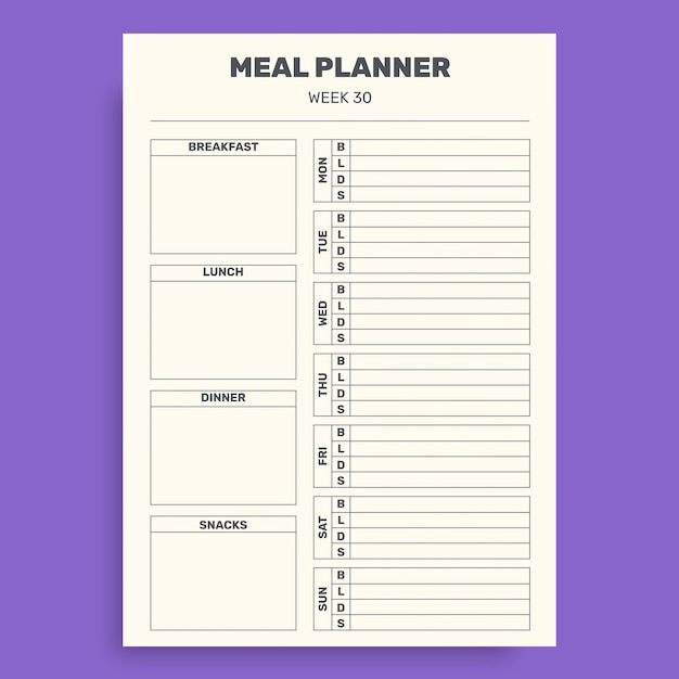 Simple week 30 menu planner